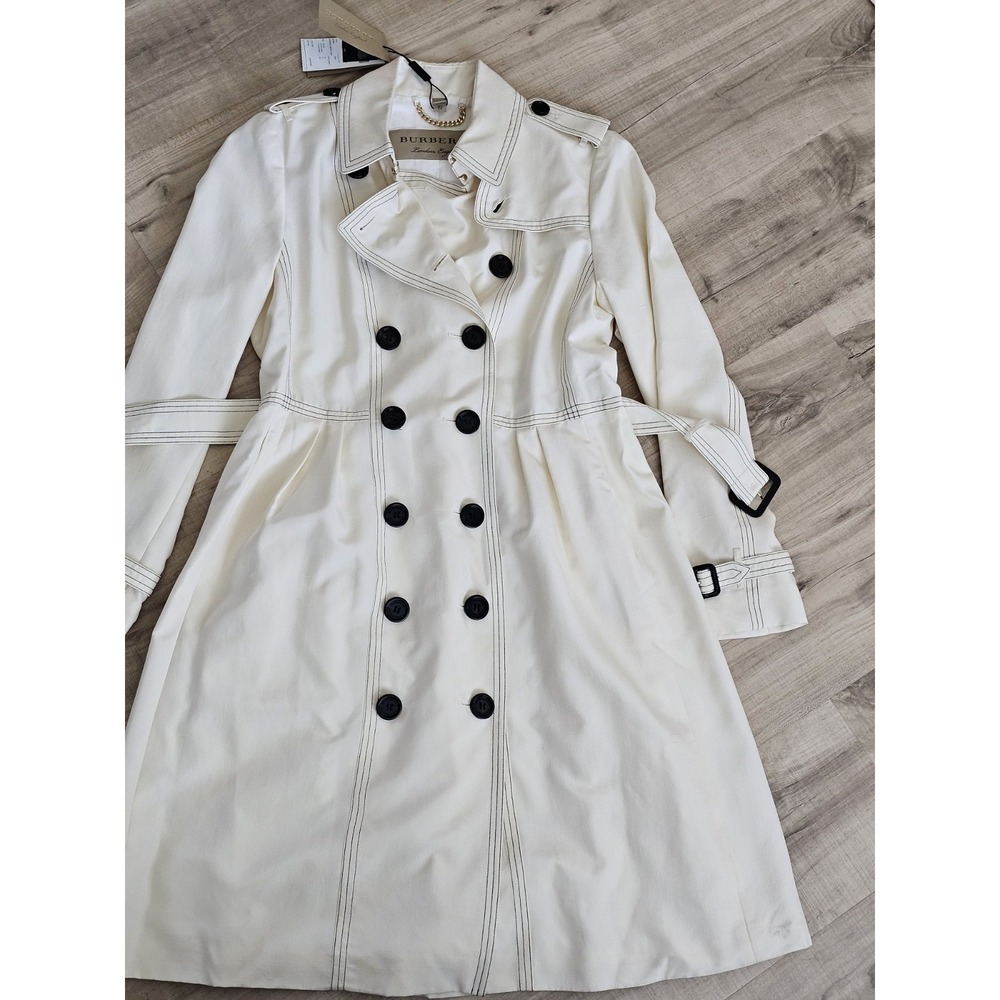 Burberry 100% Silk Cream Trench Coat Double Breasted Belted Long US 10 Brand New - Picture 8 of 16